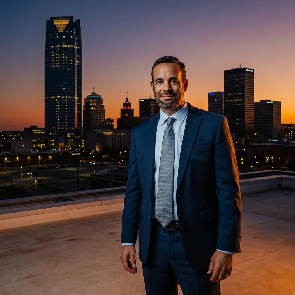 Oklahoma skyline at dusk with courthouse and city lights