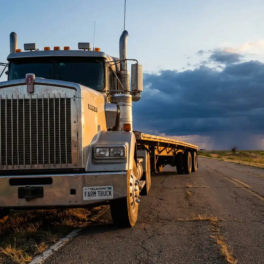Commercial truck on open Oklahoma highway at sunset